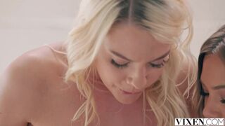 Thirsty babes Kenna James and Avery Cristy double-team a dick