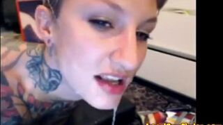 Tattooed Blonde Rough Throat Sex With Dildo On Webcam