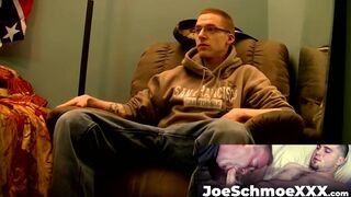 JoeSchmoeXXX.com - Nerdy looking amateur dude with glasses strips and jerks off his c