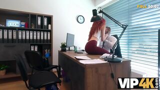 Naughty redhead slut Sirena Milano started her business with hot fuck at the tabletop