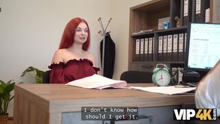 Redhead slut Miss Olivia came to suck a cock to open a webcam studio