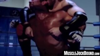 MuscleJockBound.com - Inked hunk choked and dominated in a rough BDSM match, defeated