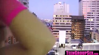 TeenGroupSex.com - Astonishing babes share lucky dude's fat cock