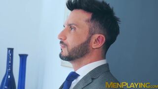 Bearded hunk Kike Gil sucks rock hard cock from classy hunk