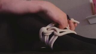 Tying myself up in stockings before my boyfriend for BDSM fun