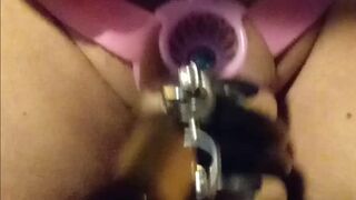 Reverse chastity belt rings lock and blue penis plug in piss hole