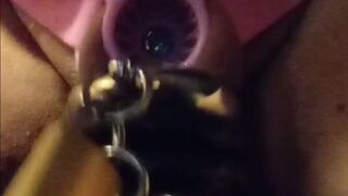 Reverse chastity belt rings lock and blue penis plug in piss hole