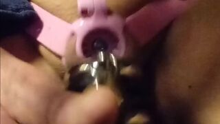 Reverse chastity belt rings lock and blue penis plug in piss hole