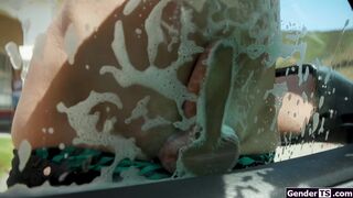 Carwash tgirl takes guy in to get fucked