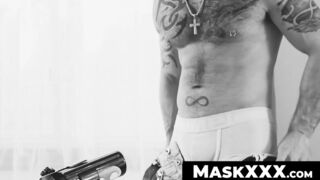 MaskXXX.com - Hairy tattooed hunk gets his big cock sucked and wanked with glee