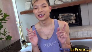 Sweet looking twink Kai Cho tugs his meaty bulge and cums all over himself