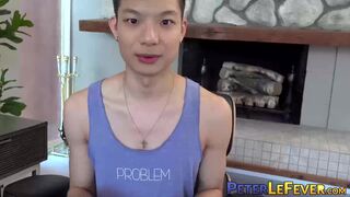 Sweet looking twink Kai Cho tugs his meaty bulge and cums all over himself