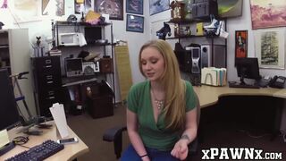 Horny babe sucks pawnshop sellers cock POV before riding it