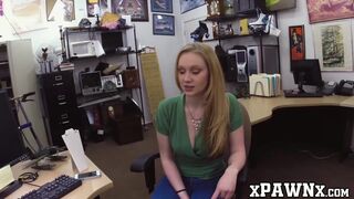 Horny babe sucks pawnshop sellers cock POV before riding it