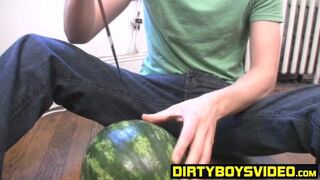 Young Troy fucked the watermelon deeply with his massive cock