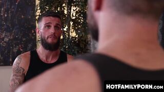 HotFamilyPorn.com - Tattooed jock bareback fuck his hunk stepdad deep hole hard