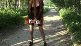 Summer walk in a mini skirt without panties