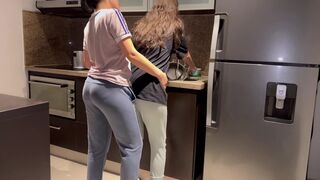 Wife fucked hard with tongue while washing dishes in the kitchen, getting her to cum before her stepmom gets home.