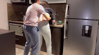 Wife fucked hard with tongue while washing dishes in the kitchen, getting her to cum before her stepmom gets home.