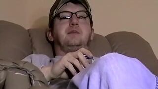 JoeSchmoeXXX.com - Cute amateur Jack with glasses jerks off on a leather sofa