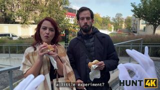 Sexy redhead slut is enough of junk food and her stupid BF and fucked for money