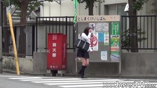 Schoolgirl from Japan enjoys public pussy toying