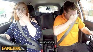 Fake Driving School - CURVY ginger riding a big dick in a car and let's him cum in her mouth -