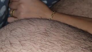 Step mom hand slip under step son underwear in bed touching and helping to cum