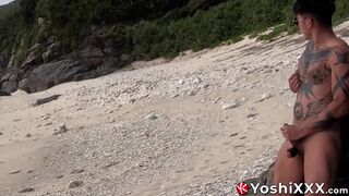 Naughty Japanese Yoshi Kawasaki tugs his cock and cums on the beach