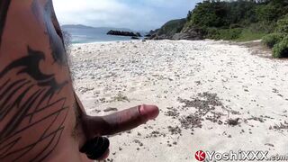 Naughty Japanese Yoshi Kawasaki tugs his cock and cums on the beach