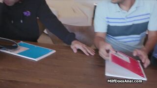 Asian milf tutor gags on two studs at home