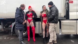 Truck stop German whores get picked up and fucked in amateur foursome