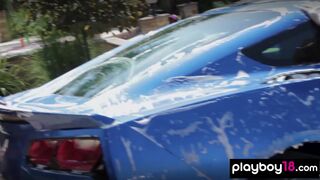 Ebony MILF and her naked GFs wash a car