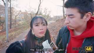 Petite Japanese tourist Sakura jumped on a stranger's cock in front of her BF