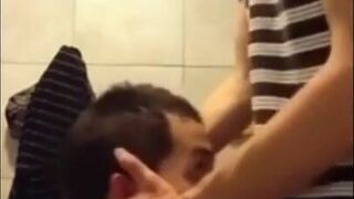 Twink Gets Face Fucked and Swallows Cum in University Bathroom