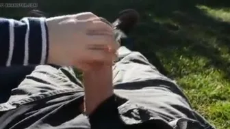 German chick jerks a cock outside in the backyard