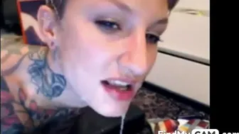 Tattooed Blonde Rough Throat Sex With Dildo On Webcam