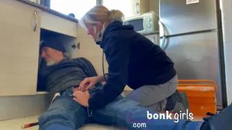 Blonde MILF Gives Plumber A Blowjob In The Kitchen