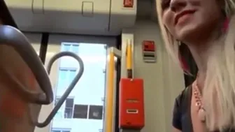 Nervous Boyfriend Receives a Bus Blowjob from His Blonde Girlfriend