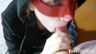 Redhead teen vampire cosplayer gets a surprise in her throat.