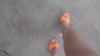 Clips 4 Sale - Fifi desperately cranking her old SUV in bright orange high heel stilettos with orange toenail polish while telling cranking stories