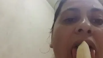Beautiful punjabi Aunty, sucking Banana, after seeing my big dick