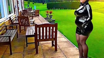 Golf Course Club Slut Shiny PVC Plastic Skirt High Heels Stocking Slut Club Patio