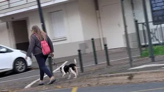 grandma with huge breasts without a bra moving while walking outside 1