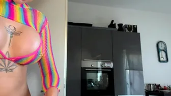 Tattooed Babe in Rainbow Mesh Tease