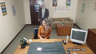 Busty housewife gags on principals dick at office