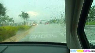 BrookeSkye fingering wet pussy on car while raining outside