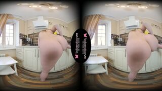 Solo brunette Jemma in kitchen with shaved pussy pose in VR.