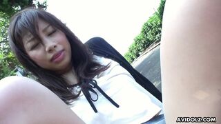 Japanese brunette Karin Asahi lets a stranger fingerfuck her hairy pussy on the street uncensored.