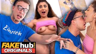 Fakehub Originals - Hot Indian British model licks the cum of dorks glasses after he cums on his own face